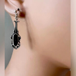 Earrings sterling silver with black onyx drop dangle earrings vintage